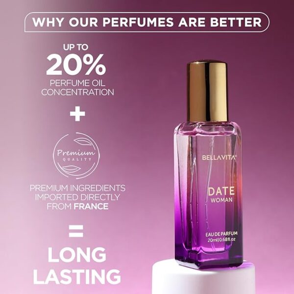Bella Vita Luxury Date Woman Eau De Parfum Perfume with Pink Pepper, Jasmine & Vanilla|Premium, Long Lasting Floral & Fruity Fragrance for Women, 20ML