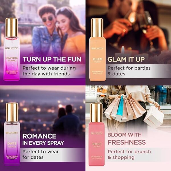 Bella Vita Luxury Woman Eau De Parfum Gift Set 4x20 ml for Women with Date, Senorita, Glam, Rose Perfume|Floral, Fruity Long Lasting EDP Fragrance Scent
