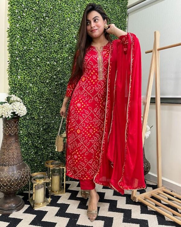 GoSriKi Women's Rayon Blend Straight Bandhej Printed Kurta with Pant & Dupatta